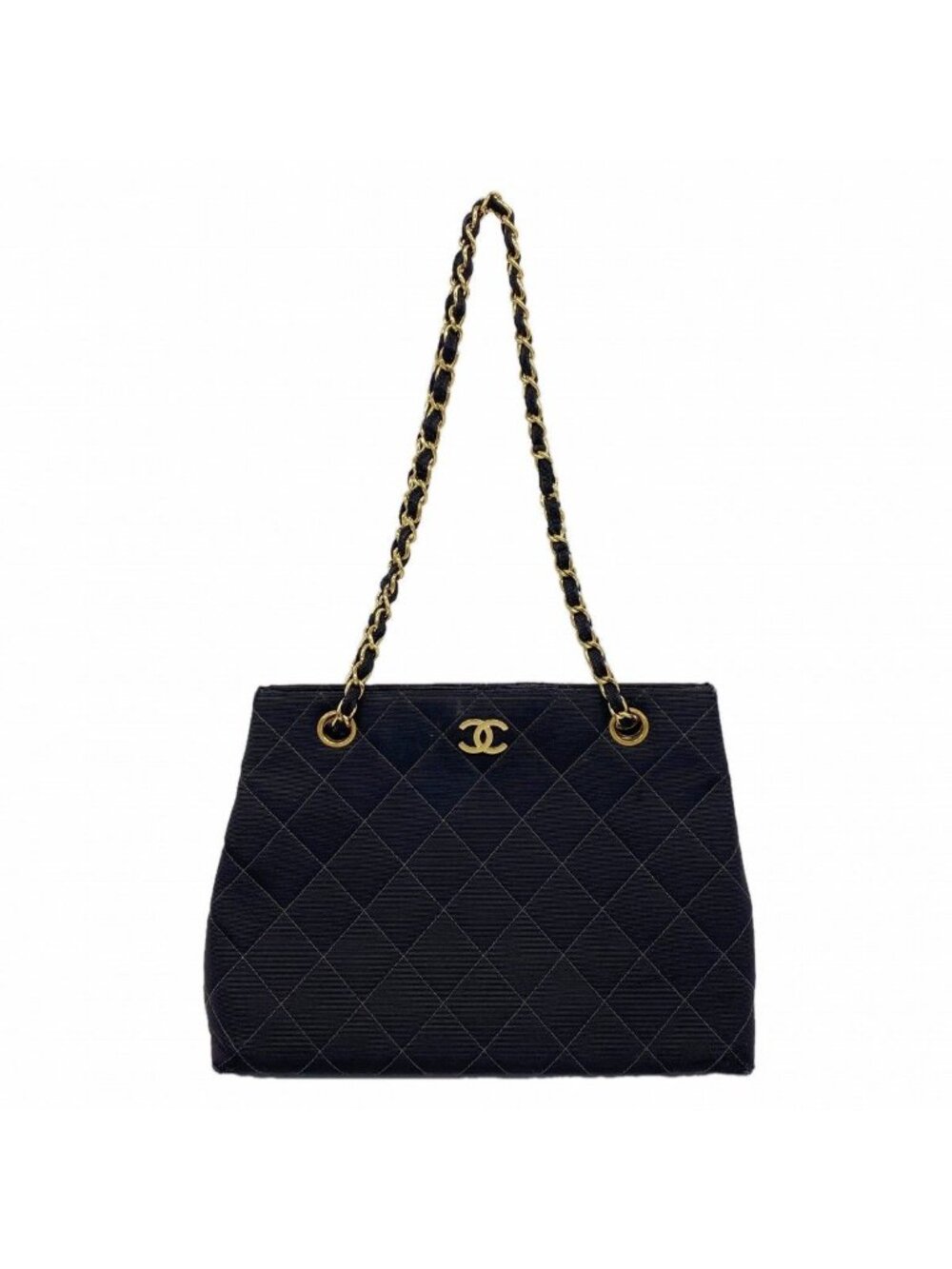 Chanel Shoulder Bag Quilted Cotton Black Gold